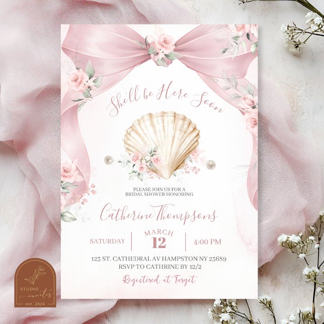 Invitación de baby shower con lazo rosa y concha c (Subido por el creador)