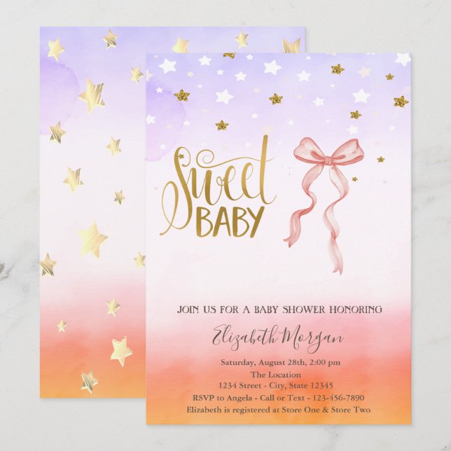 Invitación de Baby Shower con lazo rosa y estrella (Anverso / Reverso)