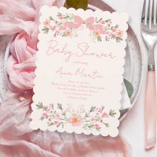 Invitación de baby shower con lazo rosa y flores