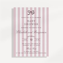 Invitación de baby shower con lazo rosa y rayas fr