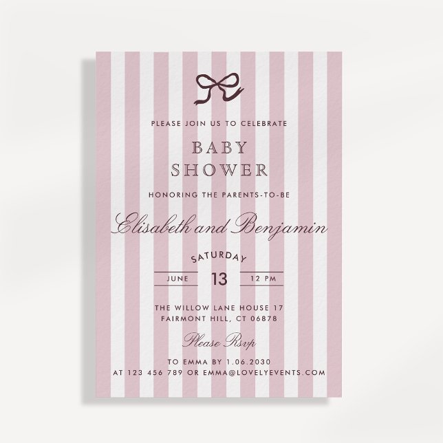 Invitación de baby shower con lazo rosa y rayas fr (Subido por el creador)