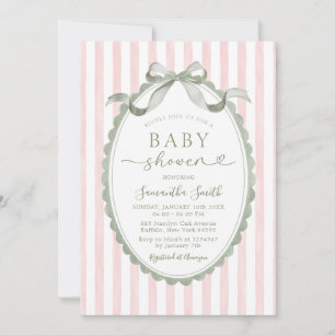 Invitación de baby shower con lazo verde salvia y