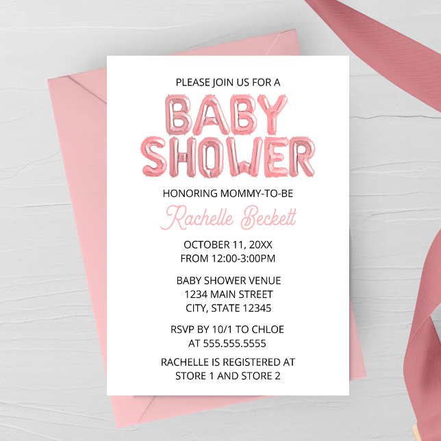 Invitación de Baby Shower con Letras de Globo Rosa (Light Pink Foil Balloon Letters Baby Shower Invitation)