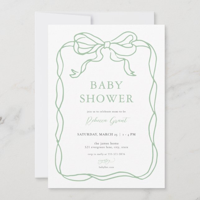 Invitación de Baby Shower con mano verde dibujada (Anverso)