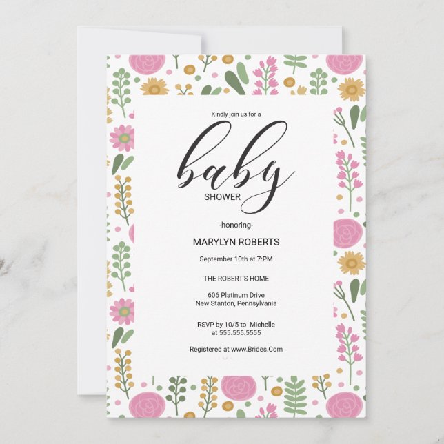 Invitación de Baby Shower con Marco de Flor Silves (Anverso)