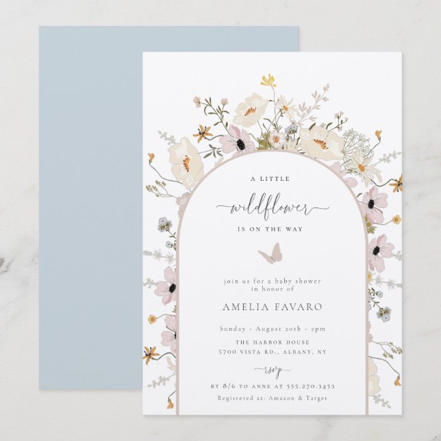 Invitación de Baby Shower con marco de flores silv (Anverso / Reverso)