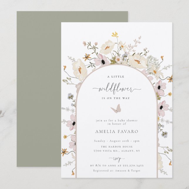 Invitación de Baby Shower con marco de flores silv (Anverso / Reverso)