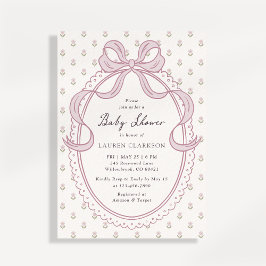 Invitación de baby shower con marco de lazo rosa v
