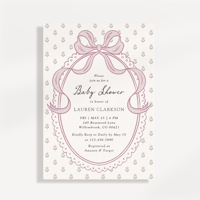 Invitación de baby shower con marco de lazo rosa v (Subido por el creador)