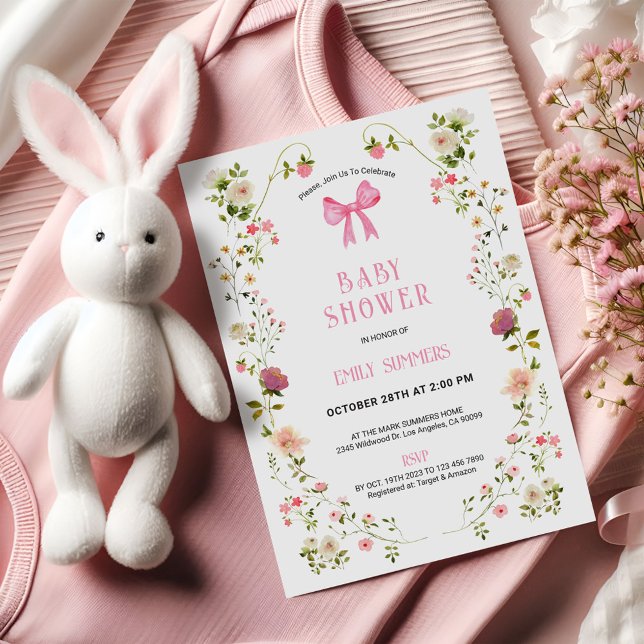 Invitación de baby shower con marco floral rosa (Subido por el creador)