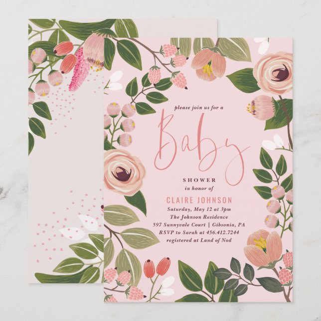 Invitación de Baby Shower con motivos florales pin (Anverso / Reverso)