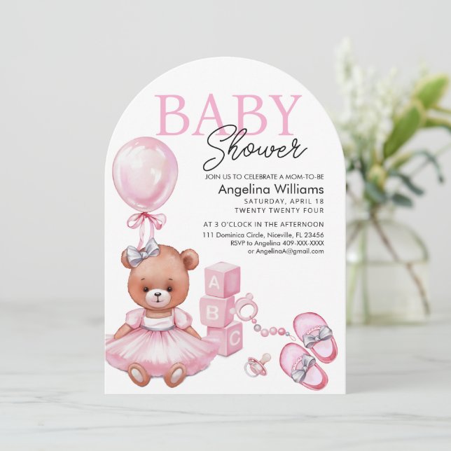 Invitación de Baby Shower con oso de peluche. (Anverso de pie)