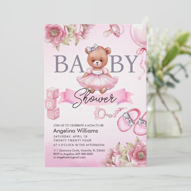 Invitación de Baby Shower con oso de peluche. (Anverso de pie)