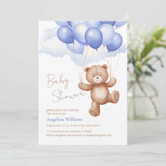 Invitación de Baby Shower con oso de peluche. (Anverso de pie)