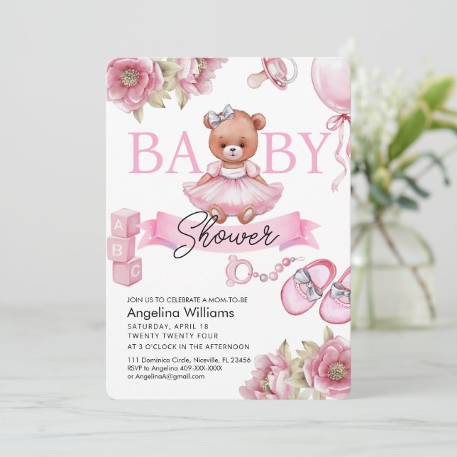 Invitación de Baby Shower con oso de peluche. (Anverso de pie)