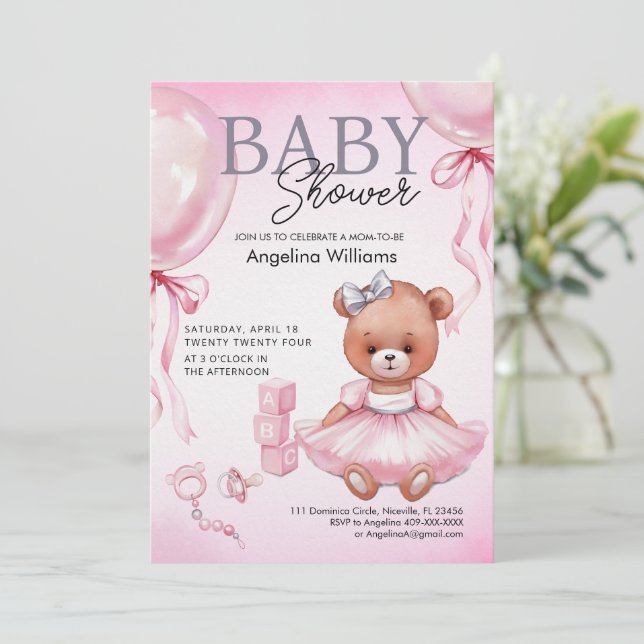 Invitación de Baby Shower con oso de peluche. (Anverso de pie)