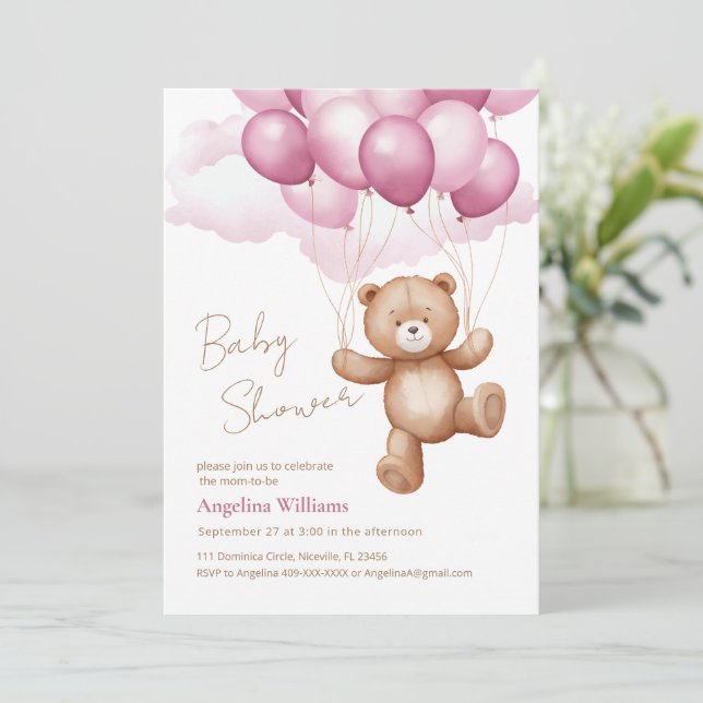 Invitación de Baby Shower con oso de peluche. (Anverso de pie)
