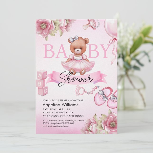 Invitación de Baby Shower con oso de peluche. (Anverso de pie)