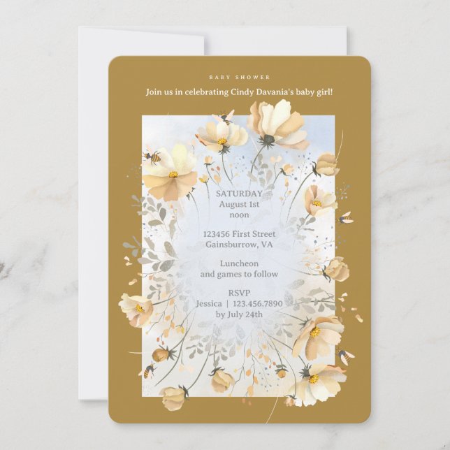 Invitación de baby shower con prado de abejas (Anverso)