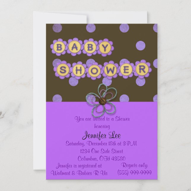 Invitación de Baby Shower con puntos de polka mora (Anverso)