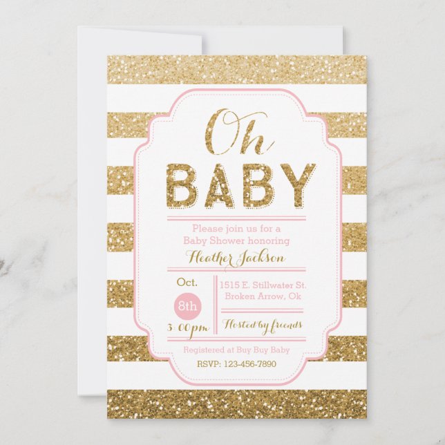 Invitación de Baby Shower con Purpurina Rosa y Oro (Anverso)