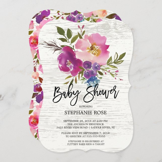 Invitación de baby shower con ramo primaveral de m (Anverso / Reverso)
