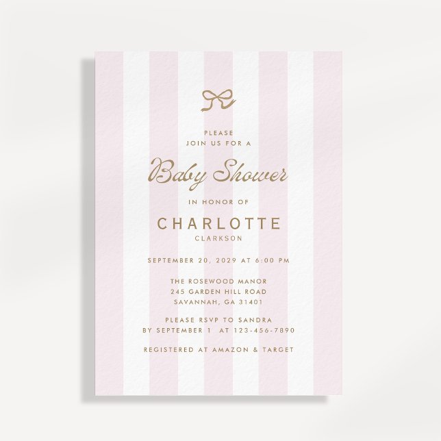 Invitación de baby shower con raya audaz y rubor (Subido por el creador)