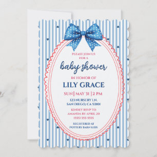 Invitación de baby shower con raya azul y lazo