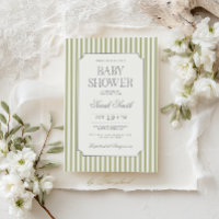 Invitación de baby shower con raya verde salvia