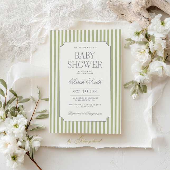 Invitación de baby shower con raya verde salvia (Subido por el creador)