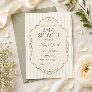 Invitación de baby shower con raya verde salvia