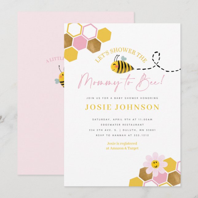 Invitación de baby shower con tema de abeja (Anverso / Reverso)