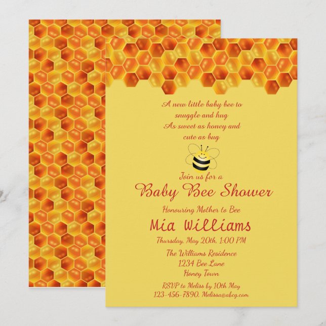 Invitación de baby shower con tema de abeja melífe (Anverso / Reverso)