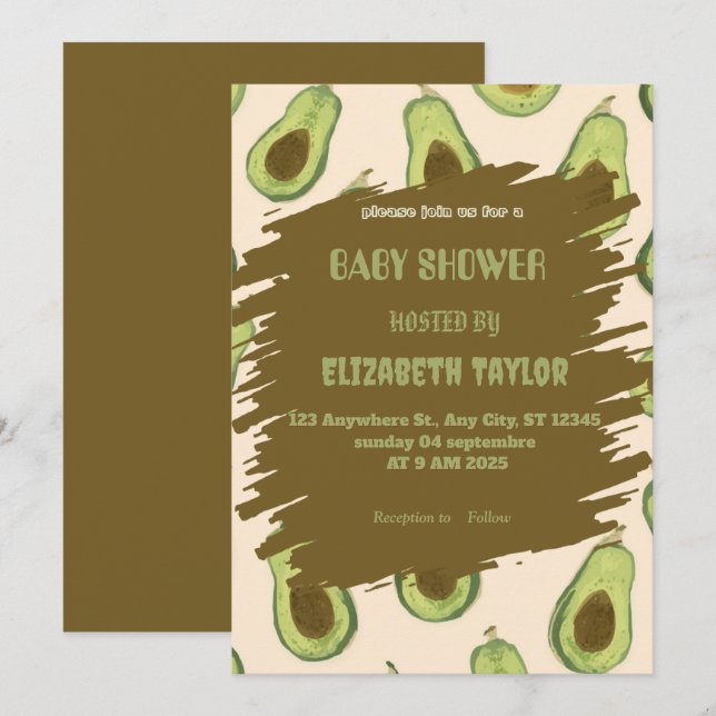 Invitación de Baby Shower con tema de Aguacate  (Anverso / Reverso)