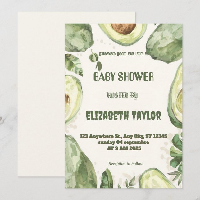 Invitación de Baby Shower con tema de Aguacate  (Anverso / Reverso)
