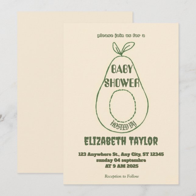 Invitación de Baby Shower con tema de Aguacate  (Anverso / Reverso)