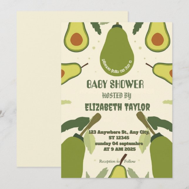 Invitación de Baby Shower con tema de Aguacate  (Anverso / Reverso)