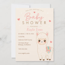 Invitación de baby shower con tema de alpaca
