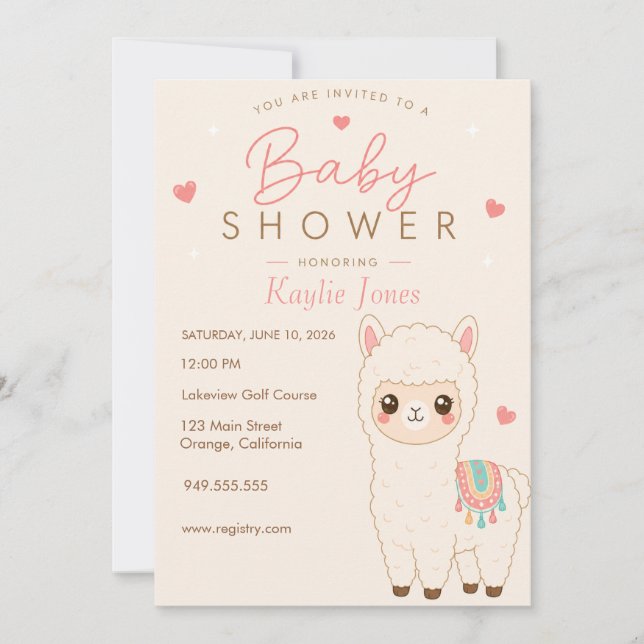 Invitación de baby shower con tema de alpaca (Anverso)
