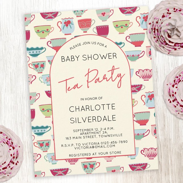 Invitación de Baby Shower con tema de Fiesta de Té (Modern vintage tea cups themed personalized baby shower tea party invitation postcard)