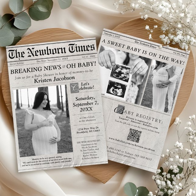 Invitación de Baby Shower con tema de foto de peri (Cute modern The Newborn Times newspaper photo theme black and quite QR code baby shower invitation)