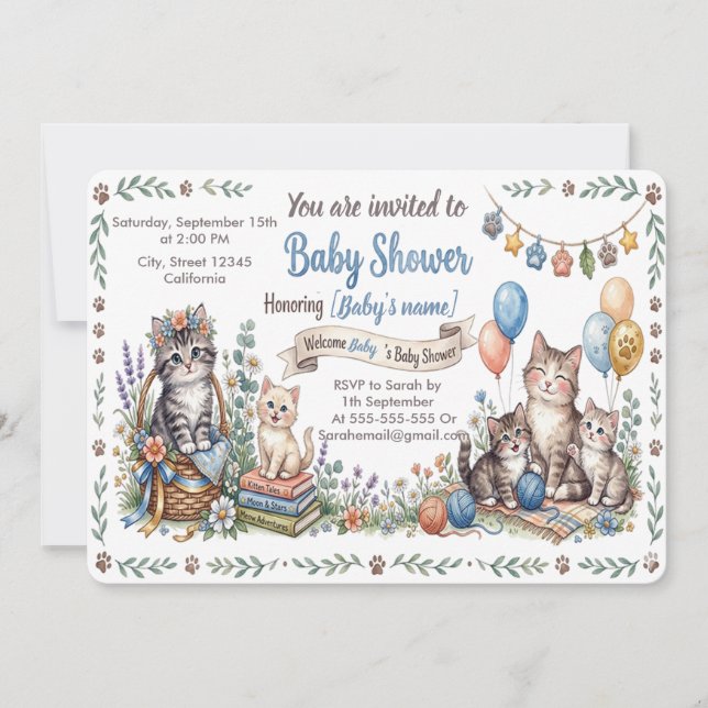 Invitación de Baby Shower con tema de gato caprich (Anverso)