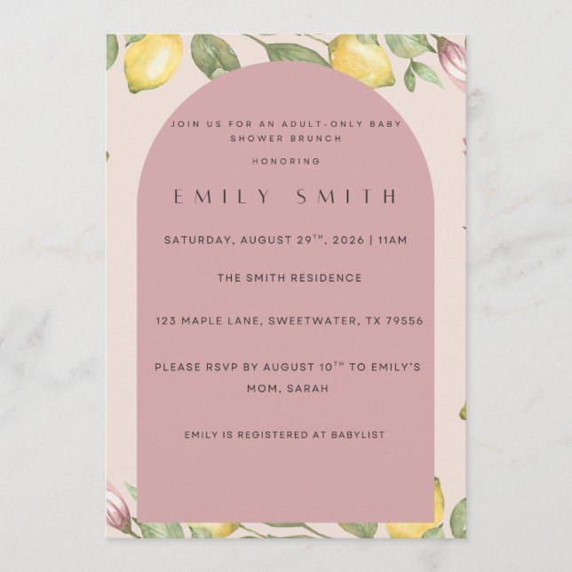 Invitación de Baby Shower con tema de Limón Rosa (Anverso)