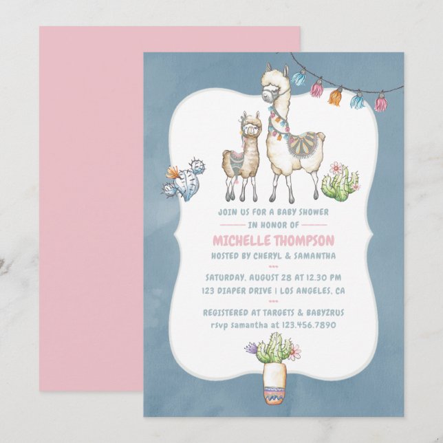 Invitación de Baby Shower con tema de Llama en acu (Anverso / Reverso)