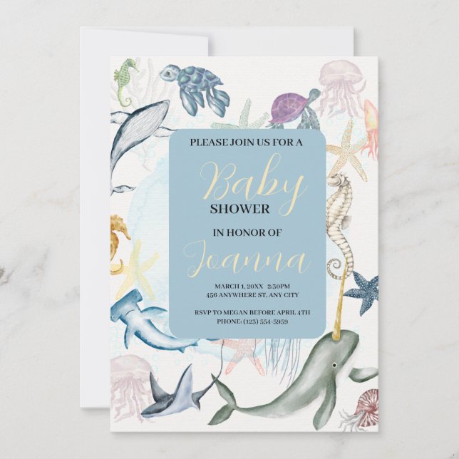 invitación de baby shower con tema de océano acuar (Anverso)