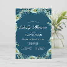 Invitación de baby shower con tema de pavo real ed