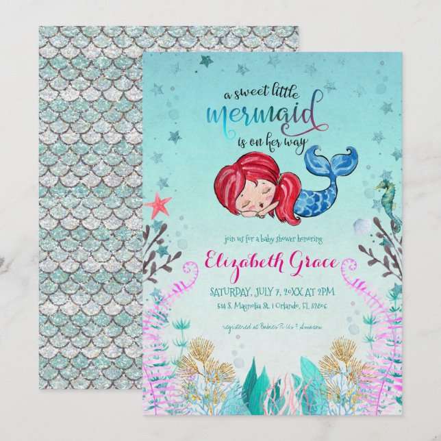 Invitación de baby shower con tema de sirena (Anverso / Reverso)