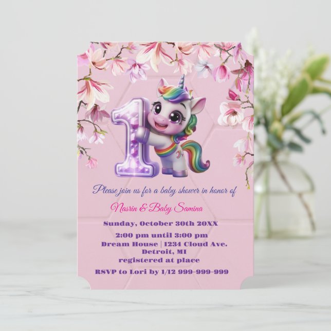 Invitación de Baby Shower con tema de Unicorn (Anverso de pie)