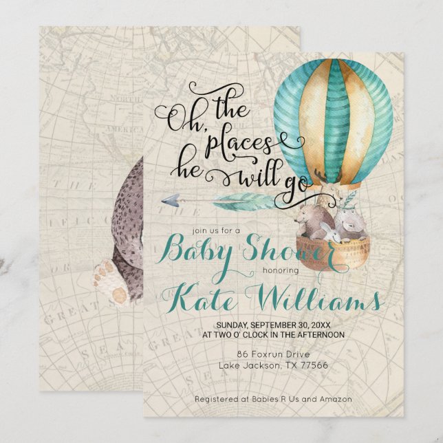 Invitación de baby shower con tema de viaje (Anverso / Reverso)