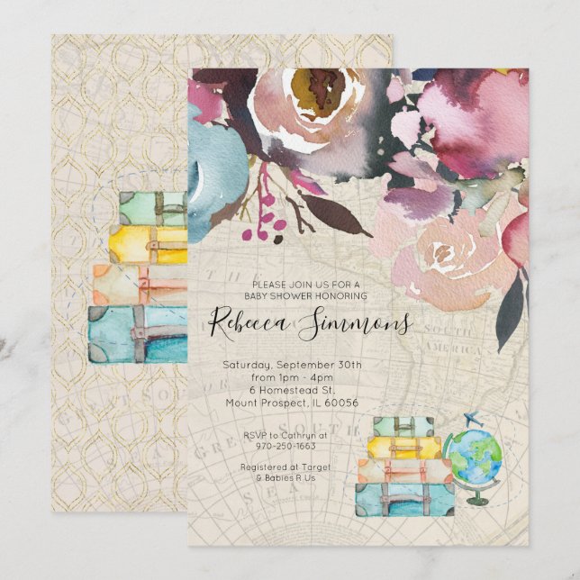 Invitación de baby shower con tema de viaje (Anverso / Reverso)